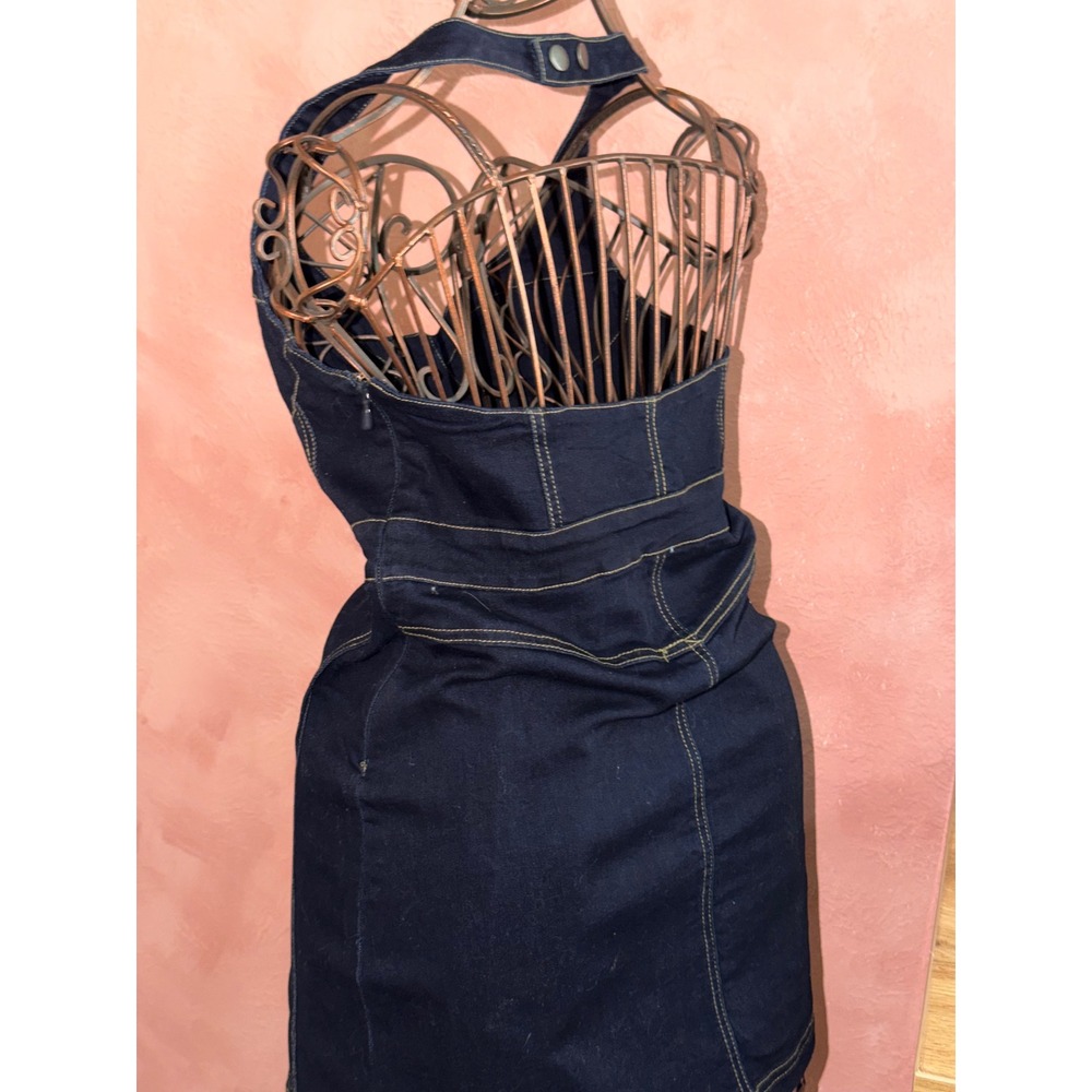 Urban Outfitters Dark Wash Denim Halter Mini Dress Corset Cargo Navy Blue M - Picture 2 of 3